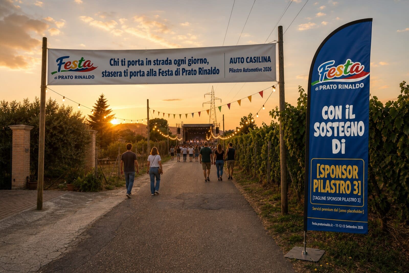 Ingresso ovest con striscione e bandiera