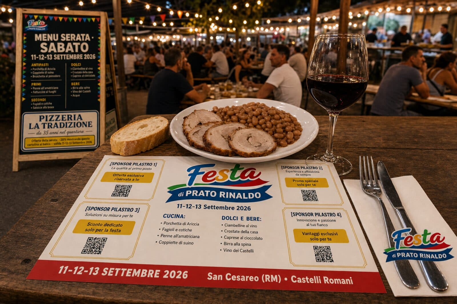 Dettaglio del tavolo apparecchiato con tovaglietta della festa