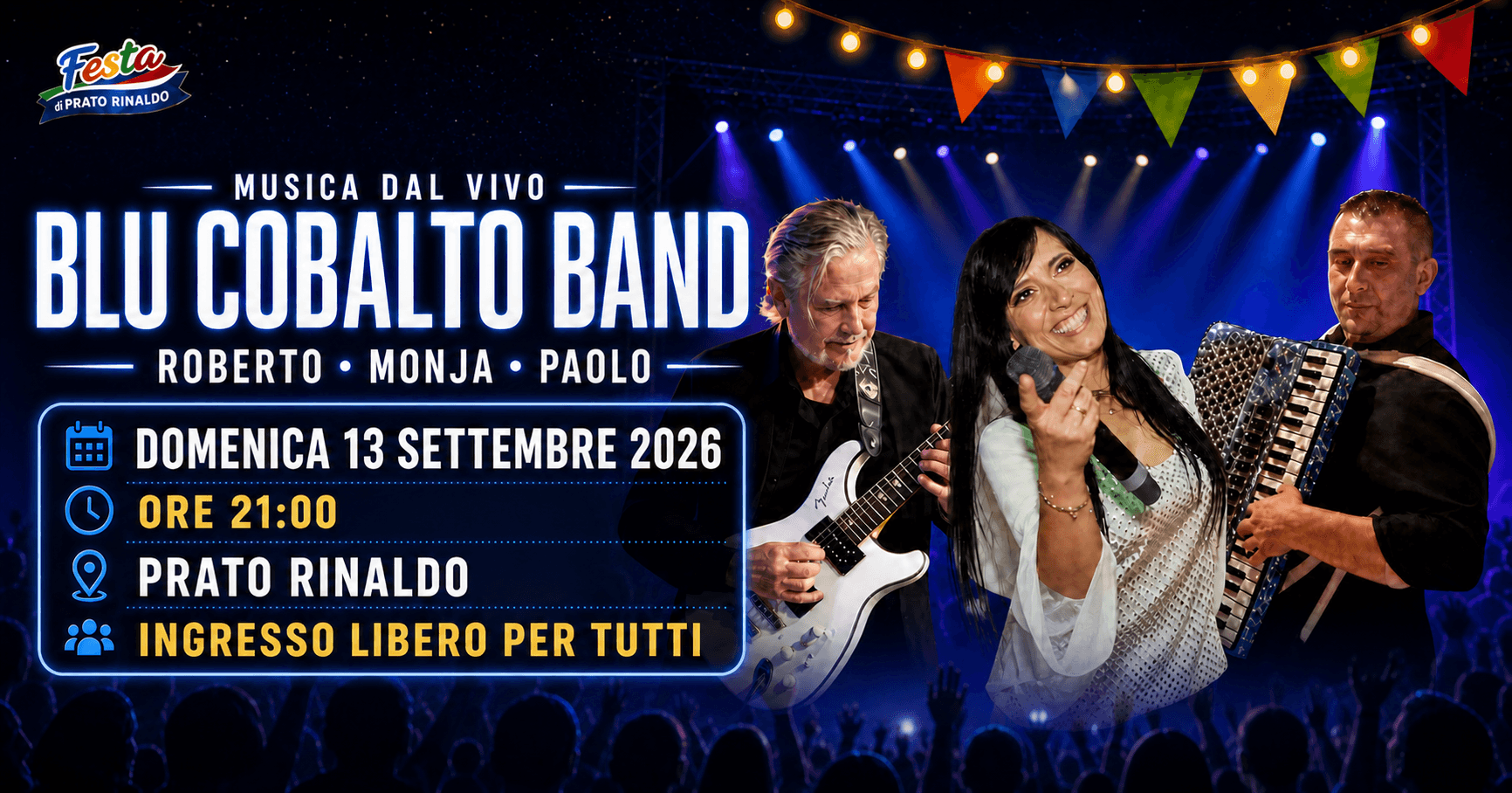 Grafica ufficiale della serata di domenica 13 settembre con la Blu Cobalto Band.