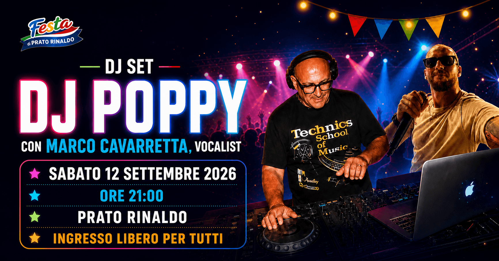 Grafica ufficiale della serata di sabato 12 settembre con DJ Poppy e Marco Cavarretta.