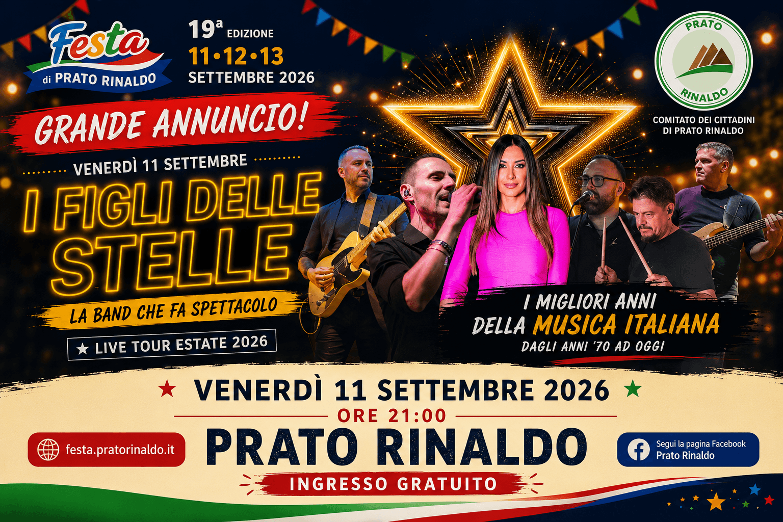 Grafica ufficiale della serata di venerdì 11 settembre con I Figli delle Stelle.