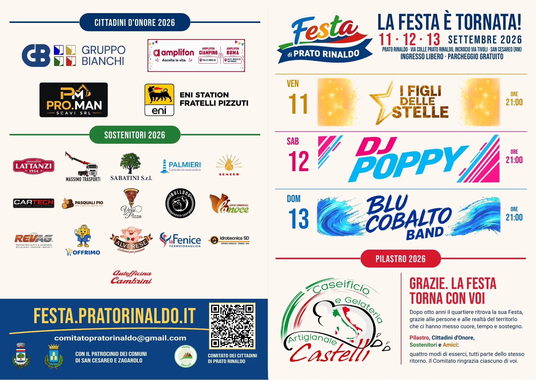 Esterno del volantino ufficiale A4 della Festa di Prato Rinaldo 2026.