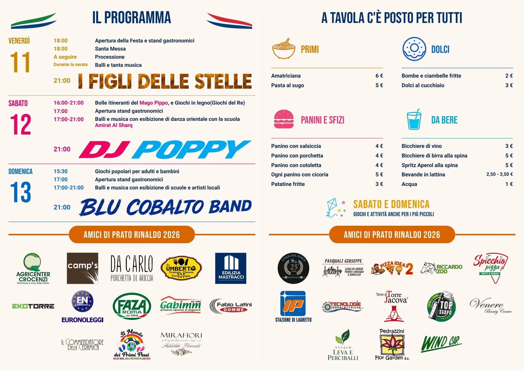 Interno del volantino ufficiale con programma e menu completo con prezzi.